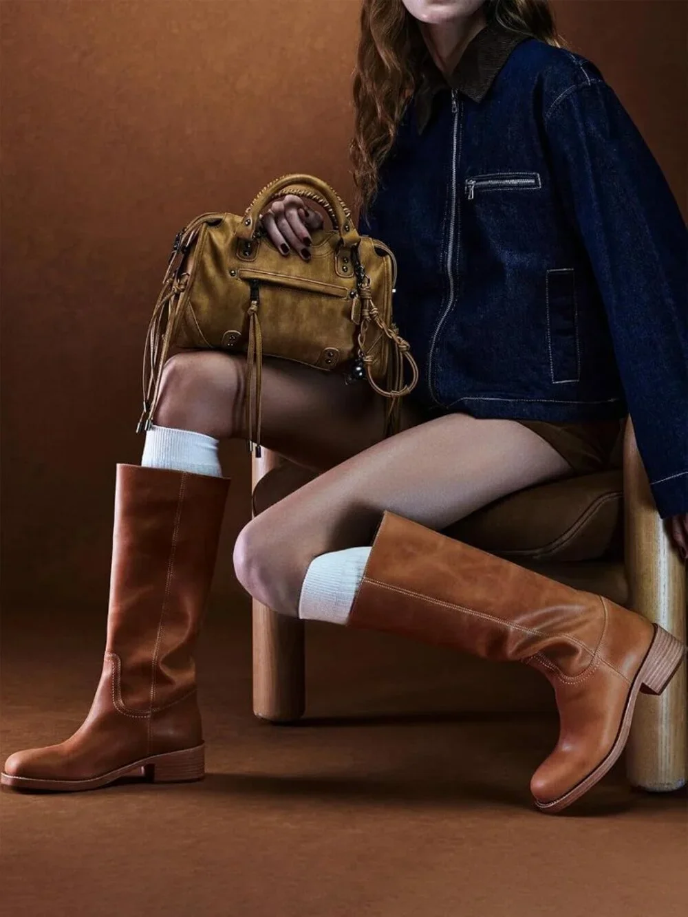 Women's Red Brown Square Toe Chunky Low Block Heel Comfortable Knee High Boots